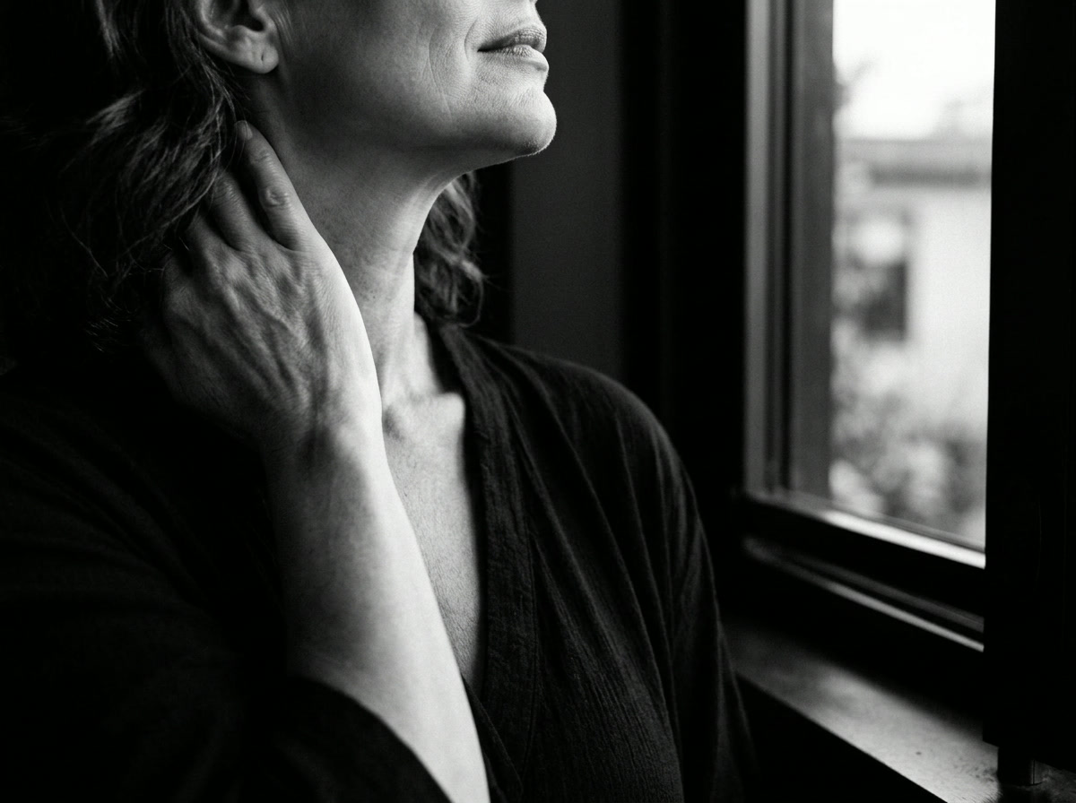 Woman taking a quiet cooling pause beside an open window