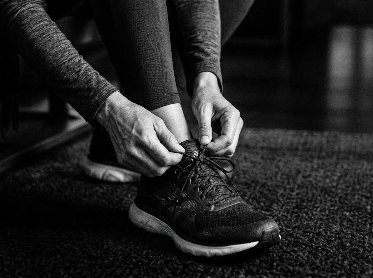 Woman tying her walking shoes before an early morning walk