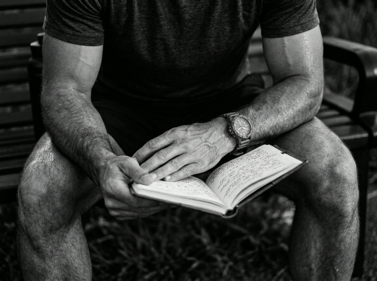 Man reviewing his recovery journal after a run